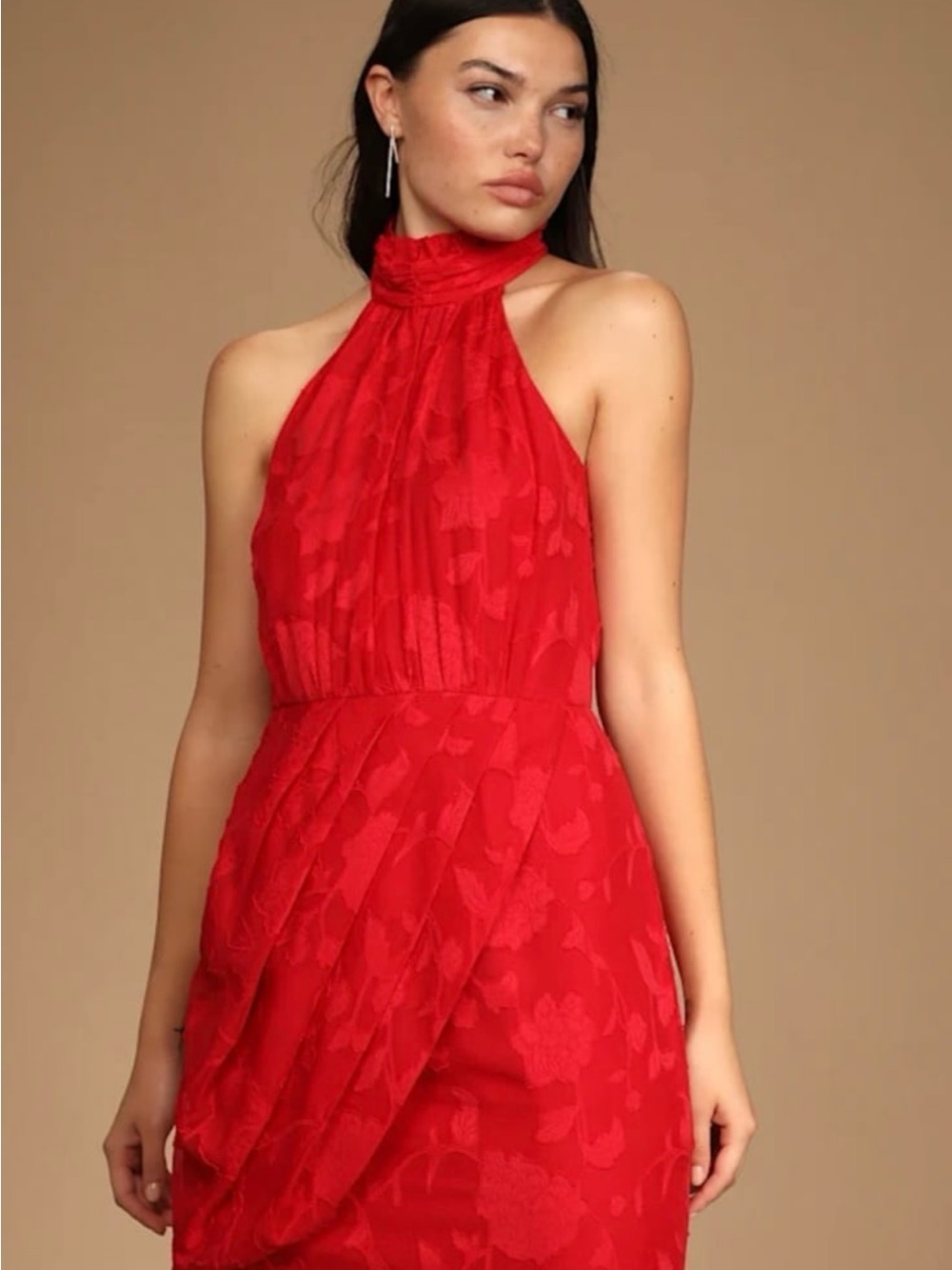 Elegant Red Halter Midi Dress